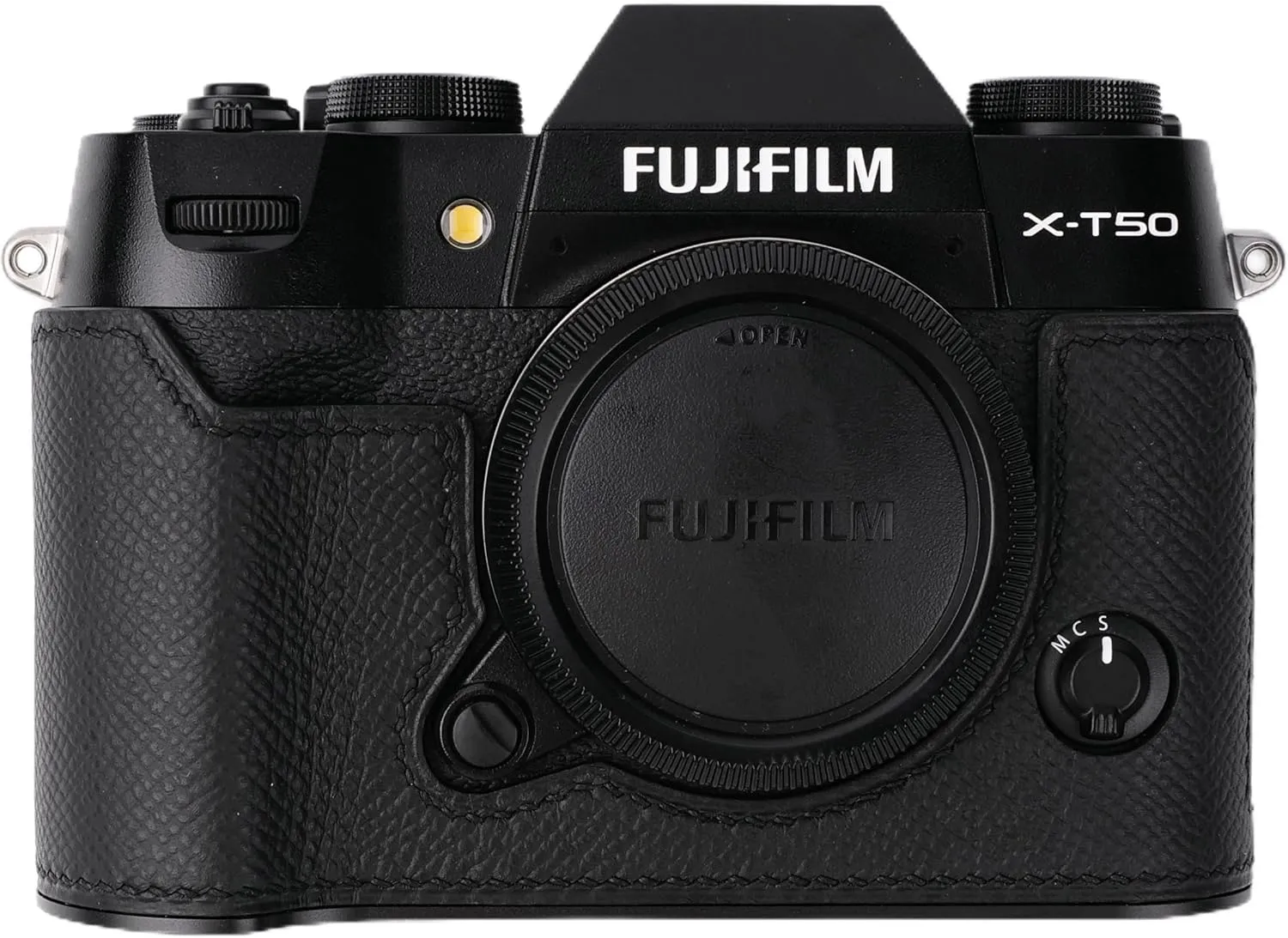 handmade Genuine Leather Camera Half Case for Fujifilm X-T50 - Top Layer Cowhide Body   Metal Base Plate - Hand Shank Free Design (Black)