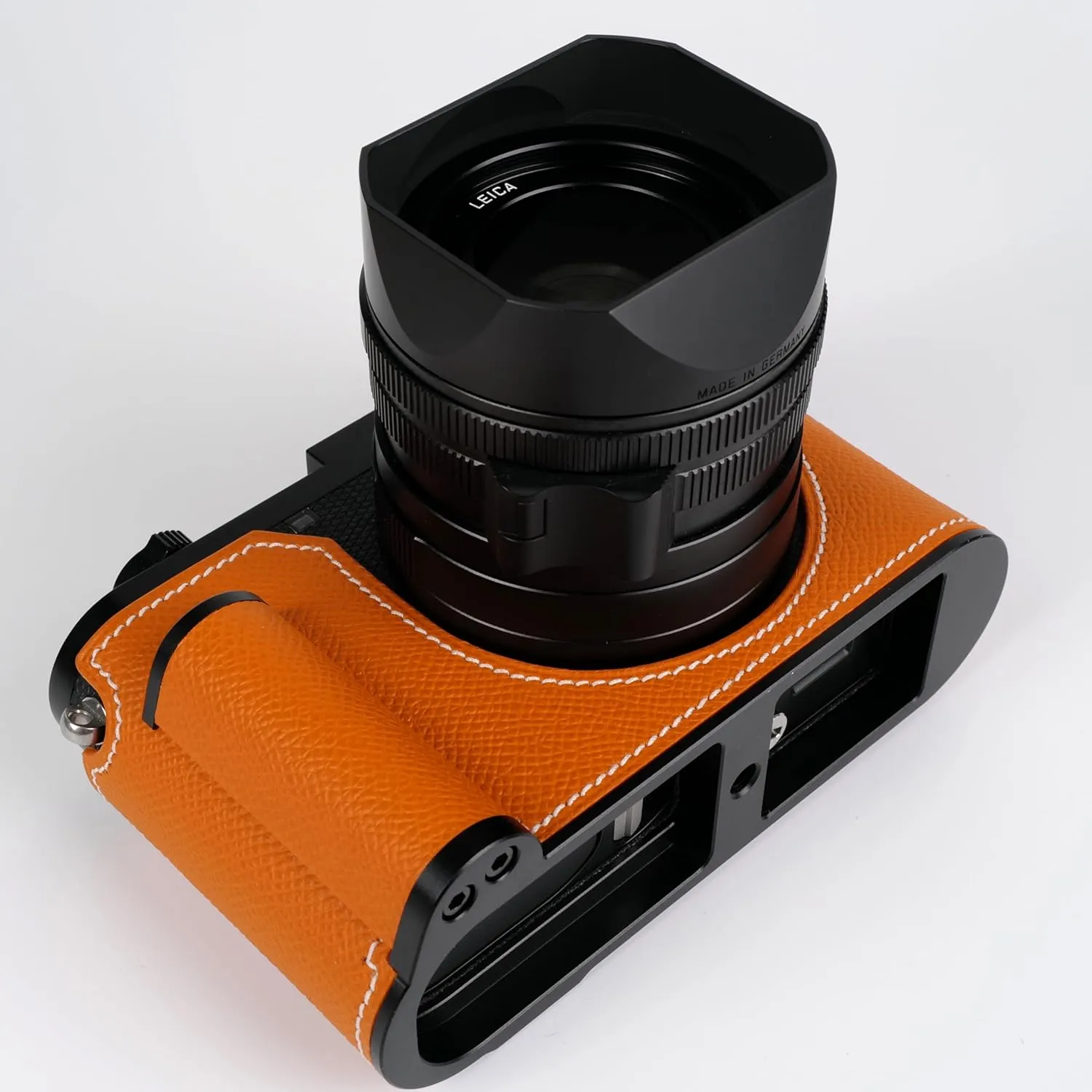 Handmade Genuine Leather Camera Half Case for Leica Q3/Leica Q3 Case - Top Layer Cowhide Body   Metal Base Plate - Hand Shank Design (Orange)