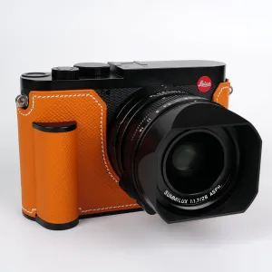 Handmade Genuine Leather Camera Half Case for Leica Q3/Leica Q3 Case - Top Layer Cowhide Body   Metal Base Plate - Hand Shank Design (Orange)