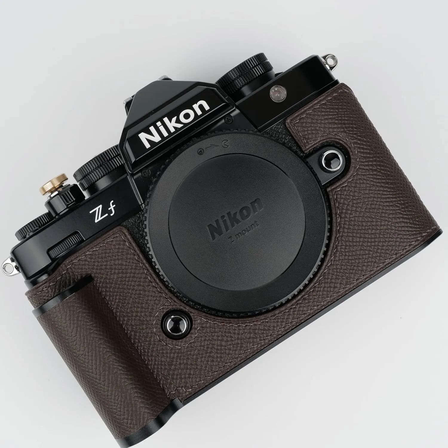 Handmade Genuine Leather Camera Half Case for Nikon ZF/Nikon ZF Camera Case - Top Layer Cowhide Body   Hand Sewn Saddle Stitch   Metal Base Plate (Dark Coffee)