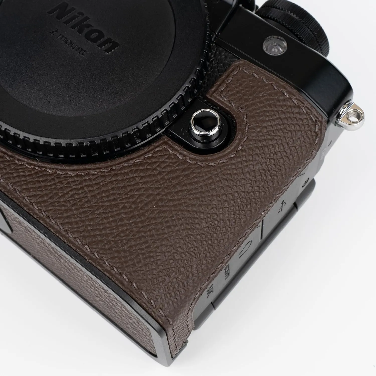 Handmade Genuine Leather Camera Half Case for Nikon ZF/Nikon ZF Camera Case - Top Layer Cowhide Body   Hand Sewn Saddle Stitch   Metal Base Plate (Dark Coffee)