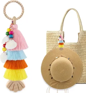 Handmade Tassel Bag Charm Keychain with Wooden Hat Clip for Travel on Bag, Travel Accessories for Women