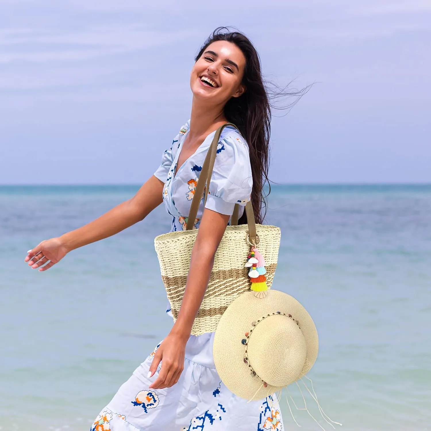 Handmade Tassel Bag Charm Keychain with Wooden Hat Clip for Travel on Bag, Travel Accessories for Women