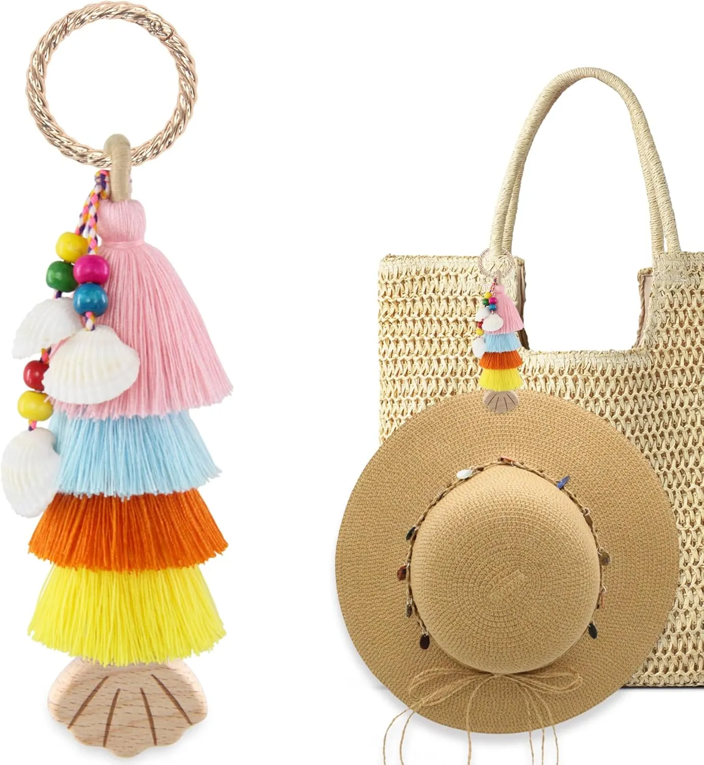 Handmade Tassel Bag Charm Keychain with Wooden Hat Clip for Travel on Bag, Travel Accessories for Women
