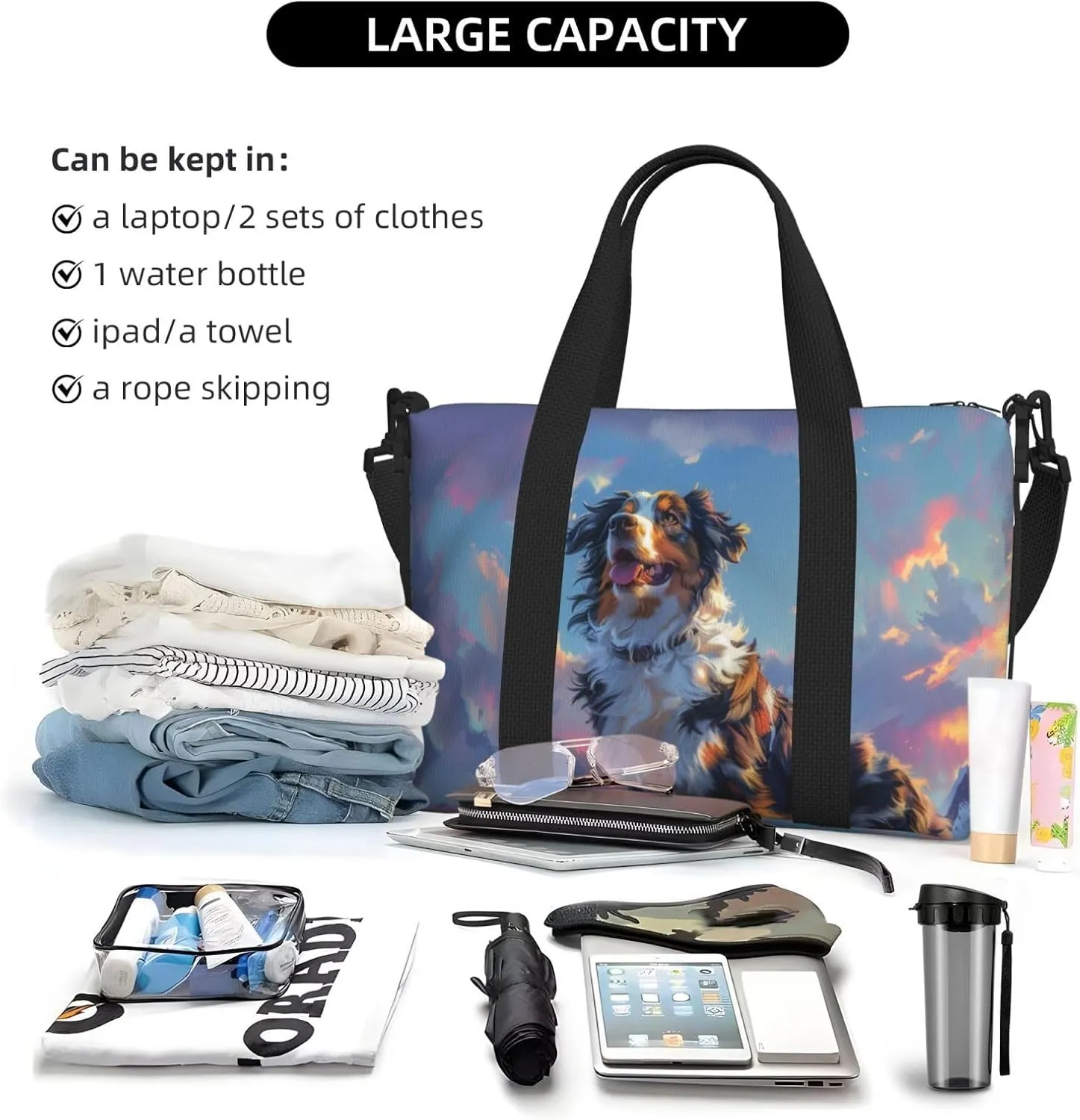 happy Australian Shepherd print Travel Duffel Bag, Sports Tote Gym Bag, Swim Pool Bag Large Shoulder Tote Bag for Beach Weekender, 202-406-121