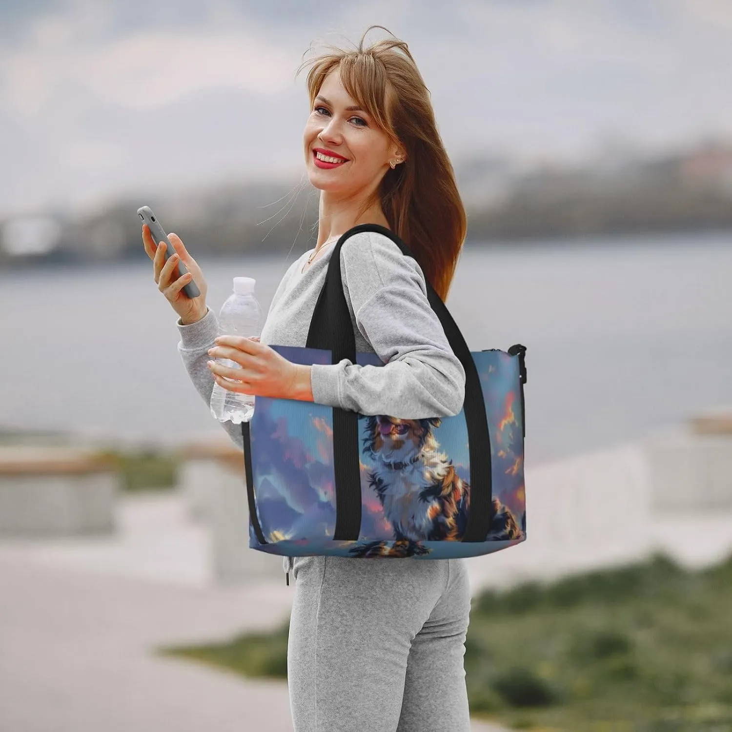 happy Australian Shepherd print Travel Duffel Bag, Sports Tote Gym Bag, Swim Pool Bag Large Shoulder Tote Bag for Beach Weekender, 202-406-121