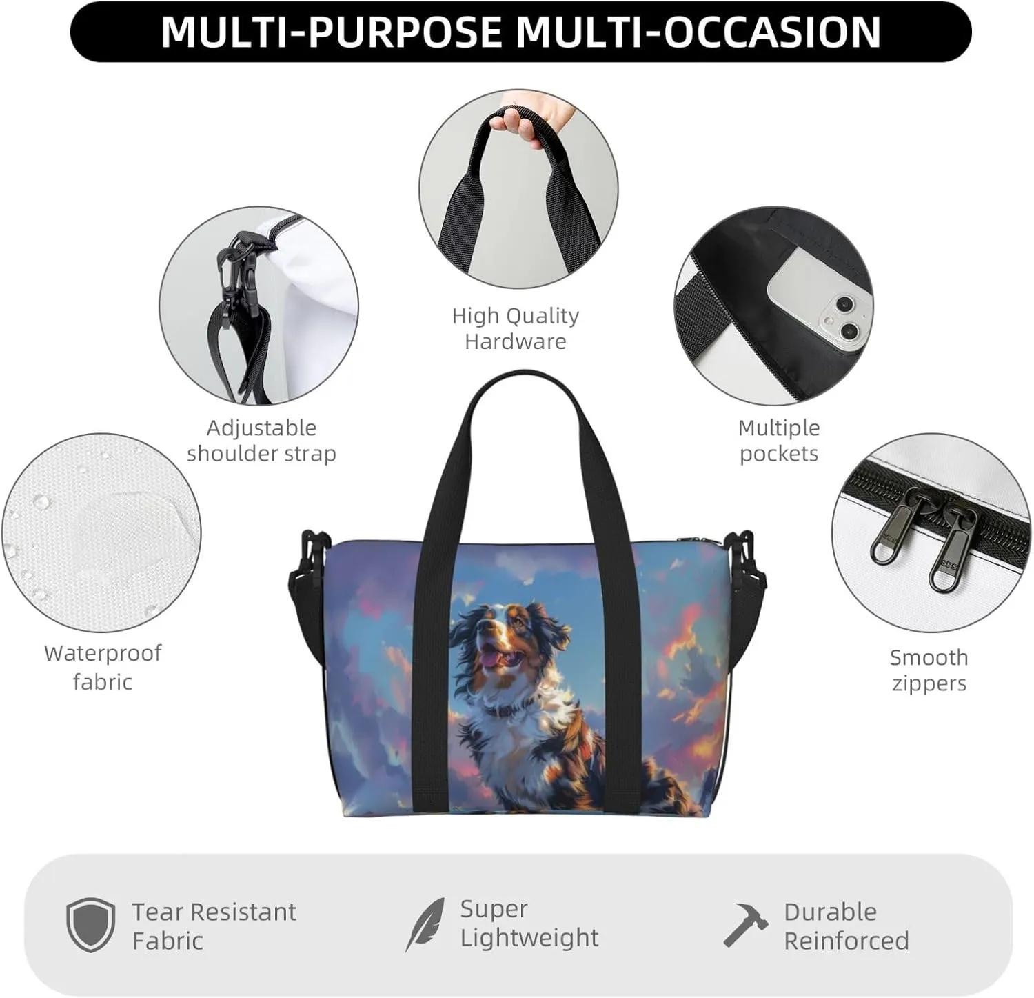 happy Australian Shepherd print Travel Duffel Bag, Sports Tote Gym Bag, Swim Pool Bag Large Shoulder Tote Bag for Beach Weekender, 202-406-121