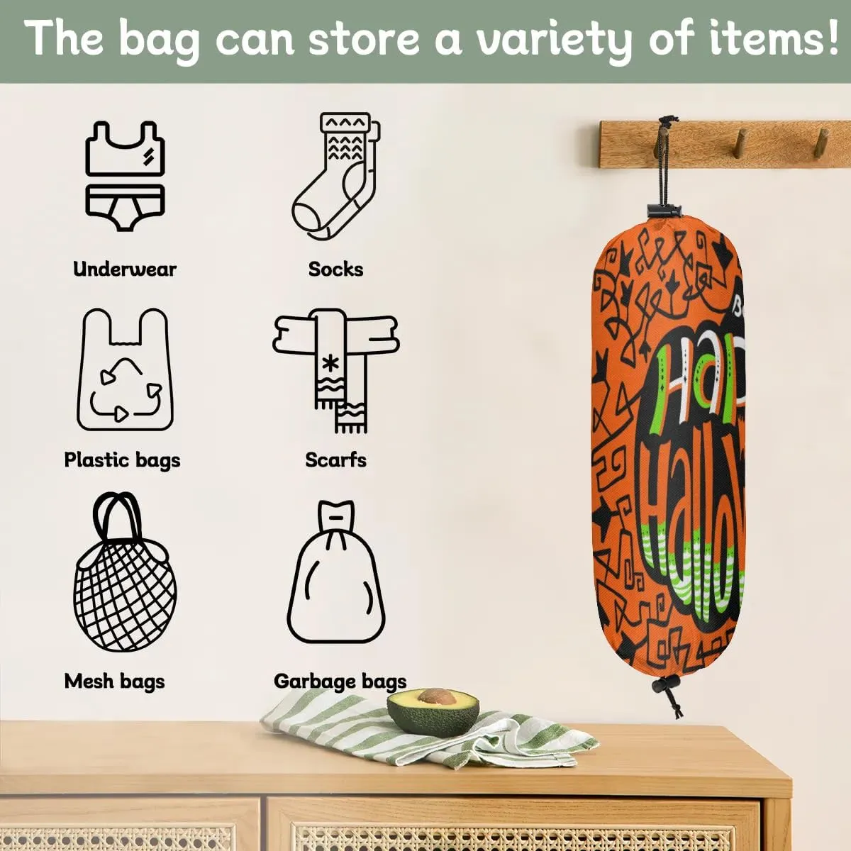 Happy Halloween Topic Plastic Bag Holders Set of 2 Wall Mount Plastic Bag Organizer Grocery Bag Storage Dispenser Washable Large Shopping Bag Carrier for Home Kitchen Travel