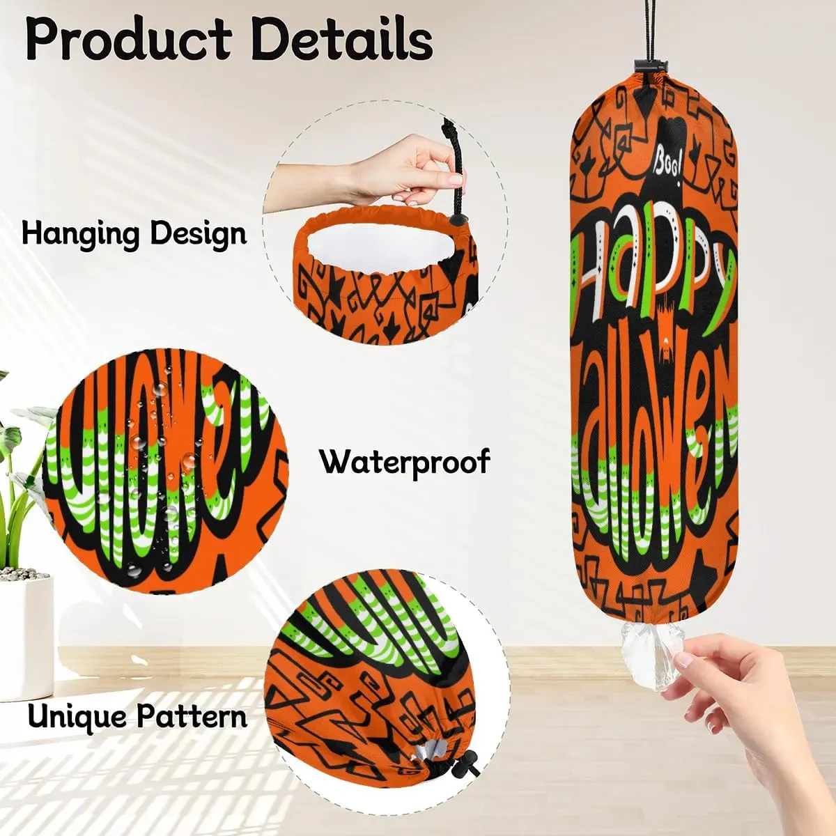 Happy Halloween Topic Plastic Bag Holders Set of 2 Wall Mount Plastic Bag Organizer Grocery Bag Storage Dispenser Washable Large Shopping Bag Carrier for Home Kitchen Travel