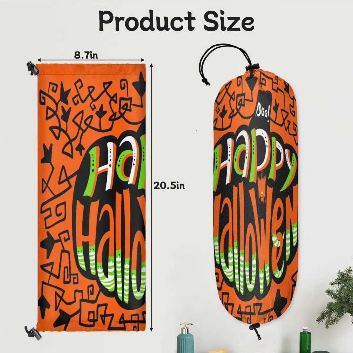Happy Halloween Topic Plastic Bag Holders Set of 2 Wall Mount Plastic Bag Organizer Grocery Bag Storage Dispenser Washable Large Shopping Bag Carrier for Home Kitchen Travel