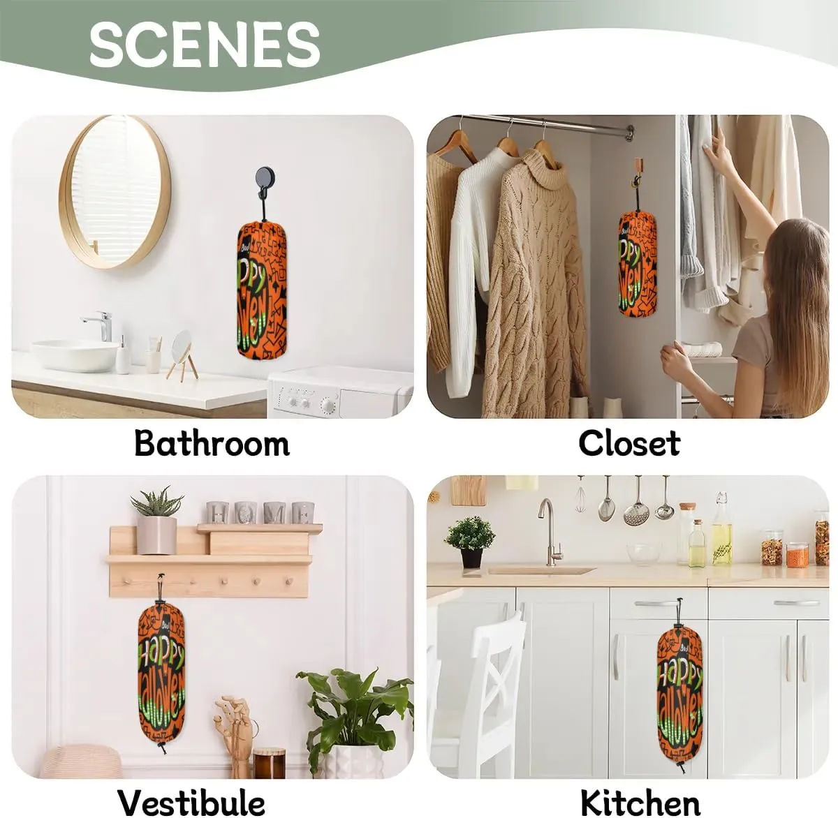Happy Halloween Topic Plastic Bag Holders Set of 2 Wall Mount Plastic Bag Organizer Grocery Bag Storage Dispenser Washable Large Shopping Bag Carrier for Home Kitchen Travel