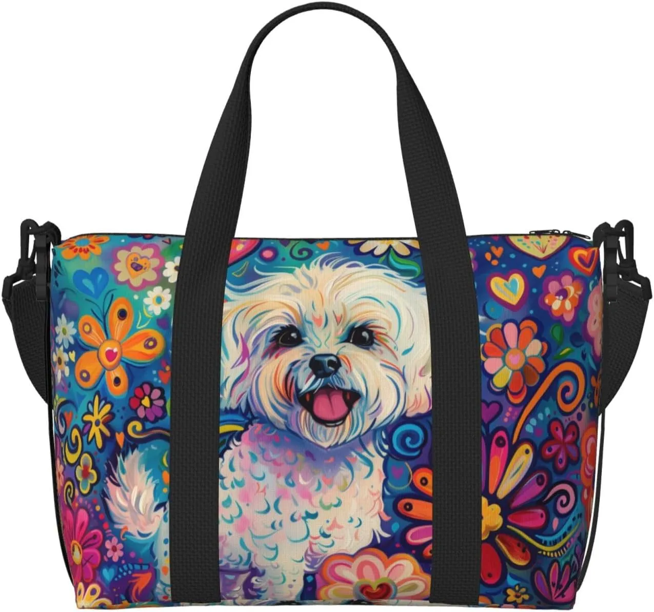 happy Maltese print Travel Duffel Bag, Sports Tote Gym Bag, Swim Pool Bag Large Shoulder Tote Bag for Beach Weekender