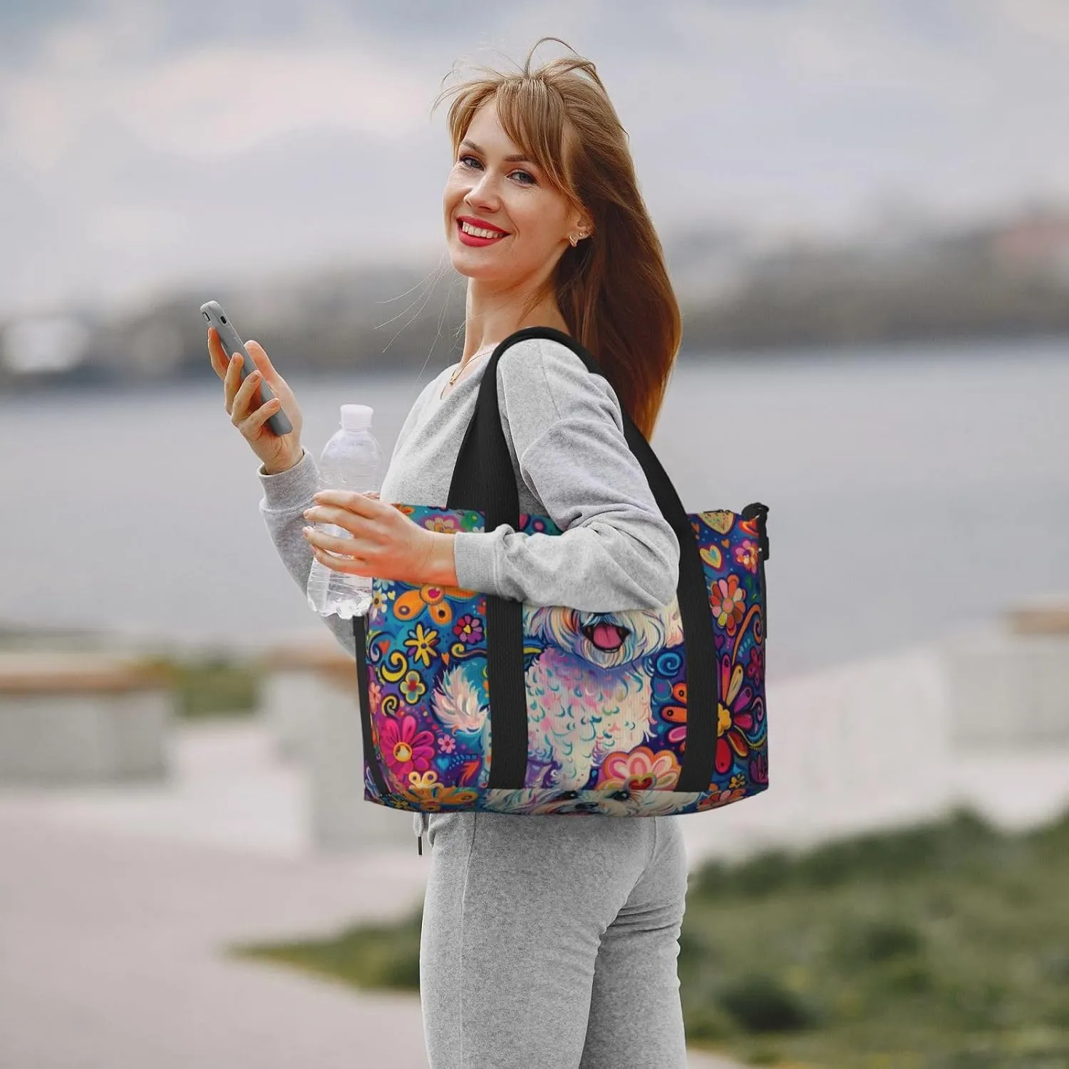 happy Maltese print Travel Duffel Bag, Sports Tote Gym Bag, Swim Pool Bag Large Shoulder Tote Bag for Beach Weekender