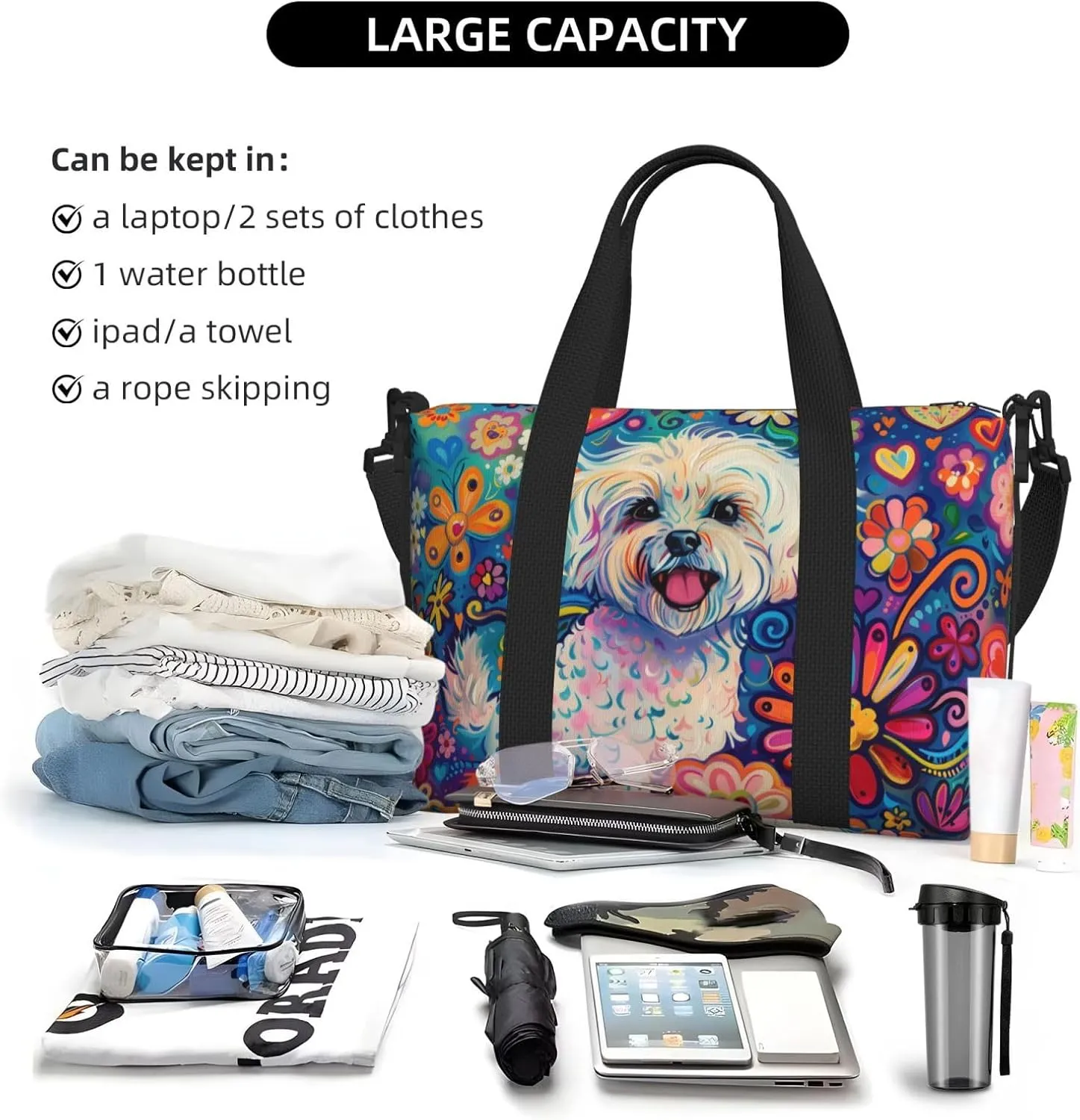 happy Maltese print Travel Duffel Bag, Sports Tote Gym Bag, Swim Pool Bag Large Shoulder Tote Bag for Beach Weekender