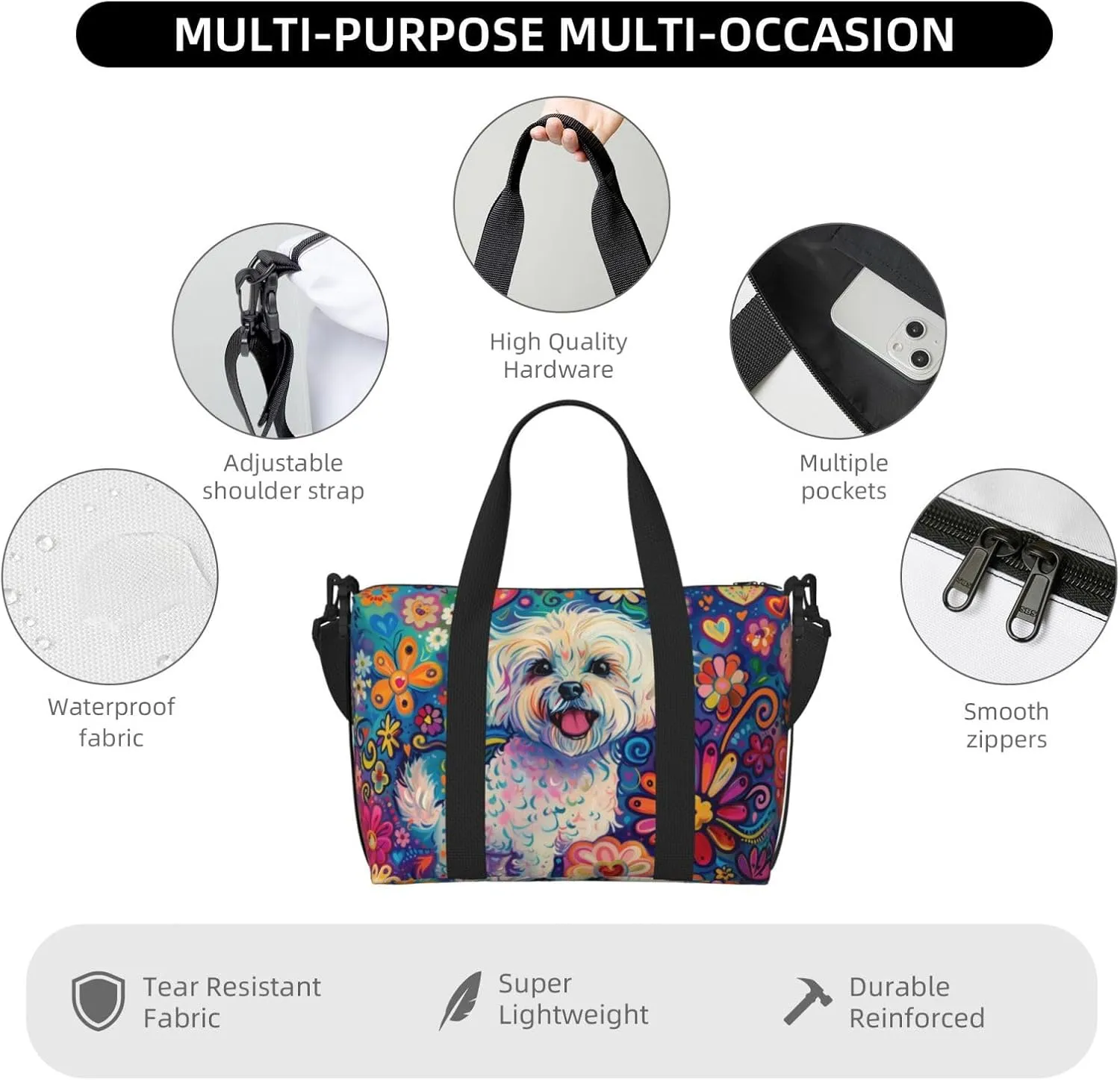 happy Maltese print Travel Duffel Bag, Sports Tote Gym Bag, Swim Pool Bag Large Shoulder Tote Bag for Beach Weekender