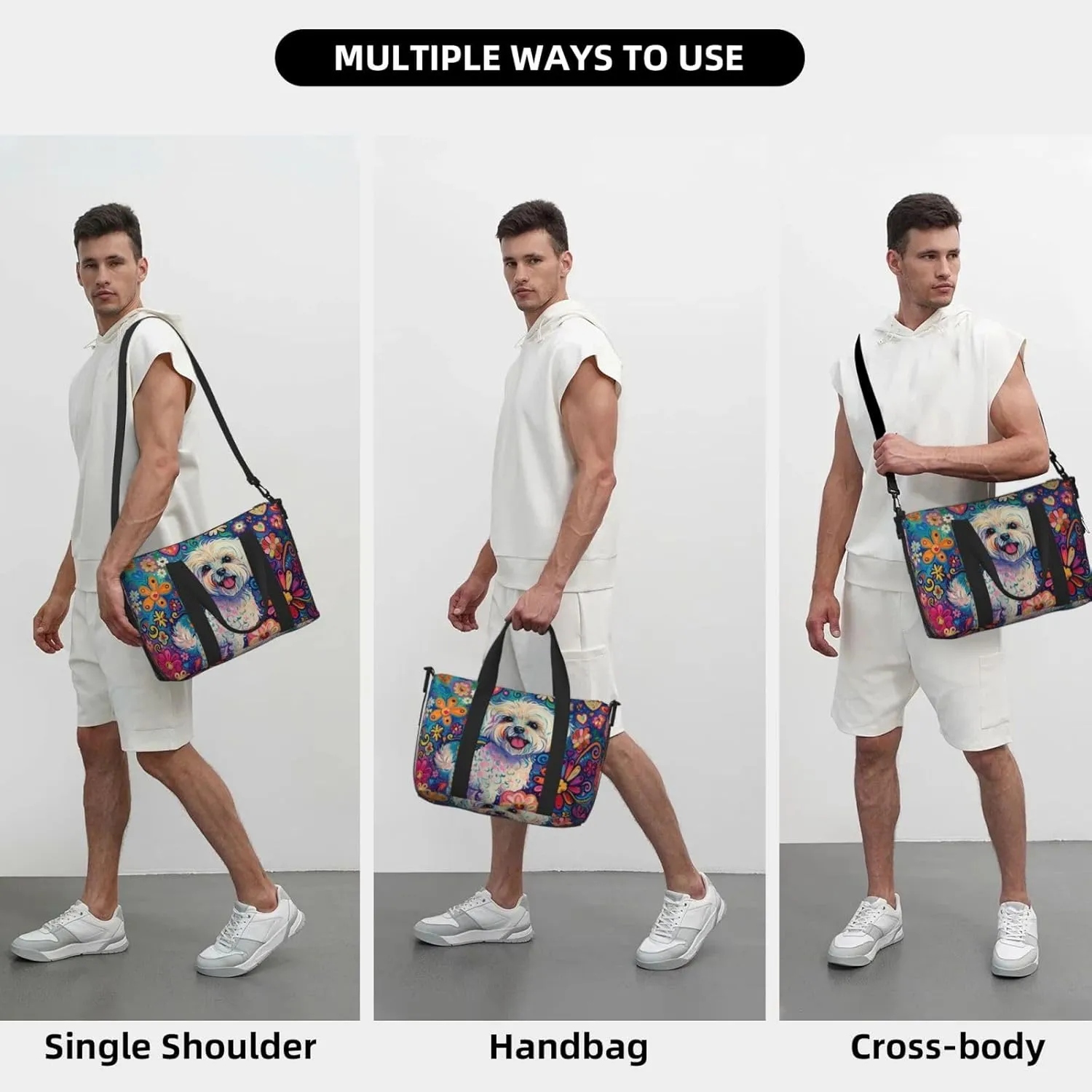 happy Maltese print Travel Duffel Bag, Sports Tote Gym Bag, Swim Pool Bag Large Shoulder Tote Bag for Beach Weekender