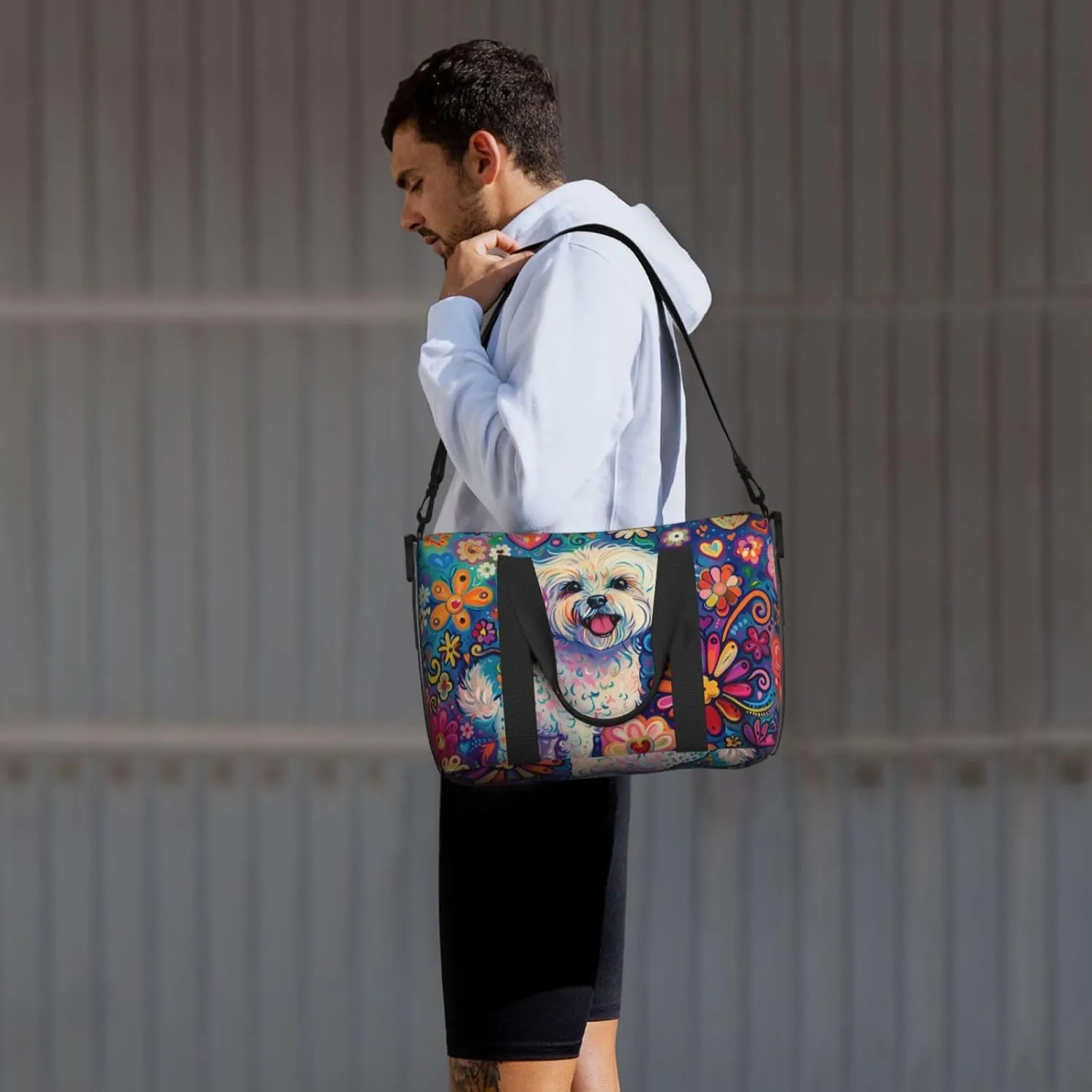 happy Maltese print Travel Duffel Bag, Sports Tote Gym Bag, Swim Pool Bag Large Shoulder Tote Bag for Beach Weekender