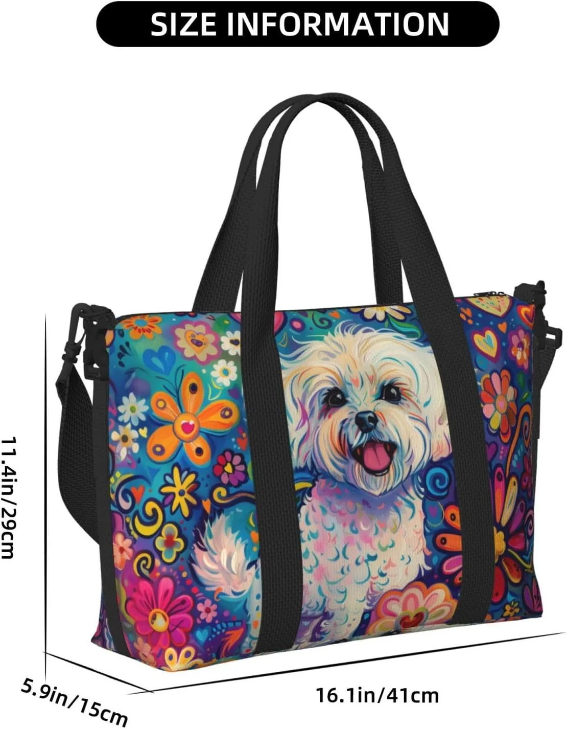 happy Maltese print Travel Duffel Bag, Sports Tote Gym Bag, Swim Pool Bag Large Shoulder Tote Bag for Beach Weekender