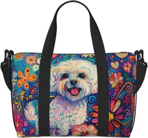 happy Maltese print Travel Duffel Bag, Sports Tote Gym Bag, Swim Pool Bag Large Shoulder Tote Bag for Beach Weekender