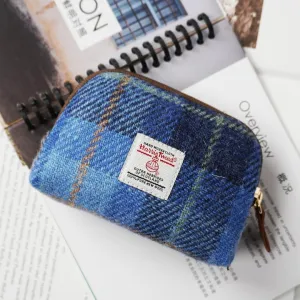 Harris Tweed Mini Travel Makeup Carrying Case Cosmetic Bag Portable Electronics Accessories Organizer Coin Purse (Blue Plaid)