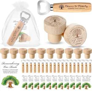 Havawish 20 Sets Family Reunion Gifts Family Tree Wine Corks Wooden Stoppers Beer Wooden Bottle Opener with Inspirational Card Organza Bags Family Gathering Party Souvenirs Family Reunion Favor