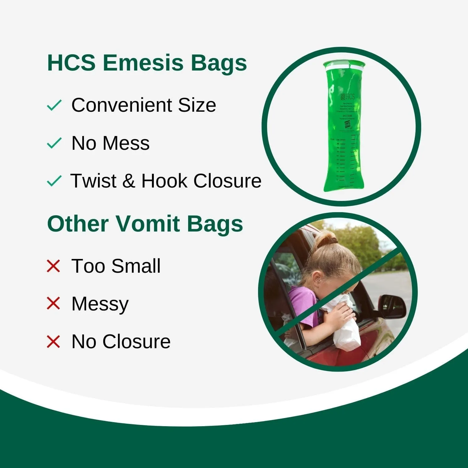 HCS Emesis Bags Disposable - Eco-Friendly, Premium, Hospital Grade, Adults & Kids - Vomit Bags Disposable for Car, Travel, Home Use - Throw Up, Barf, Puke - 24, Strong (40 fl oz)