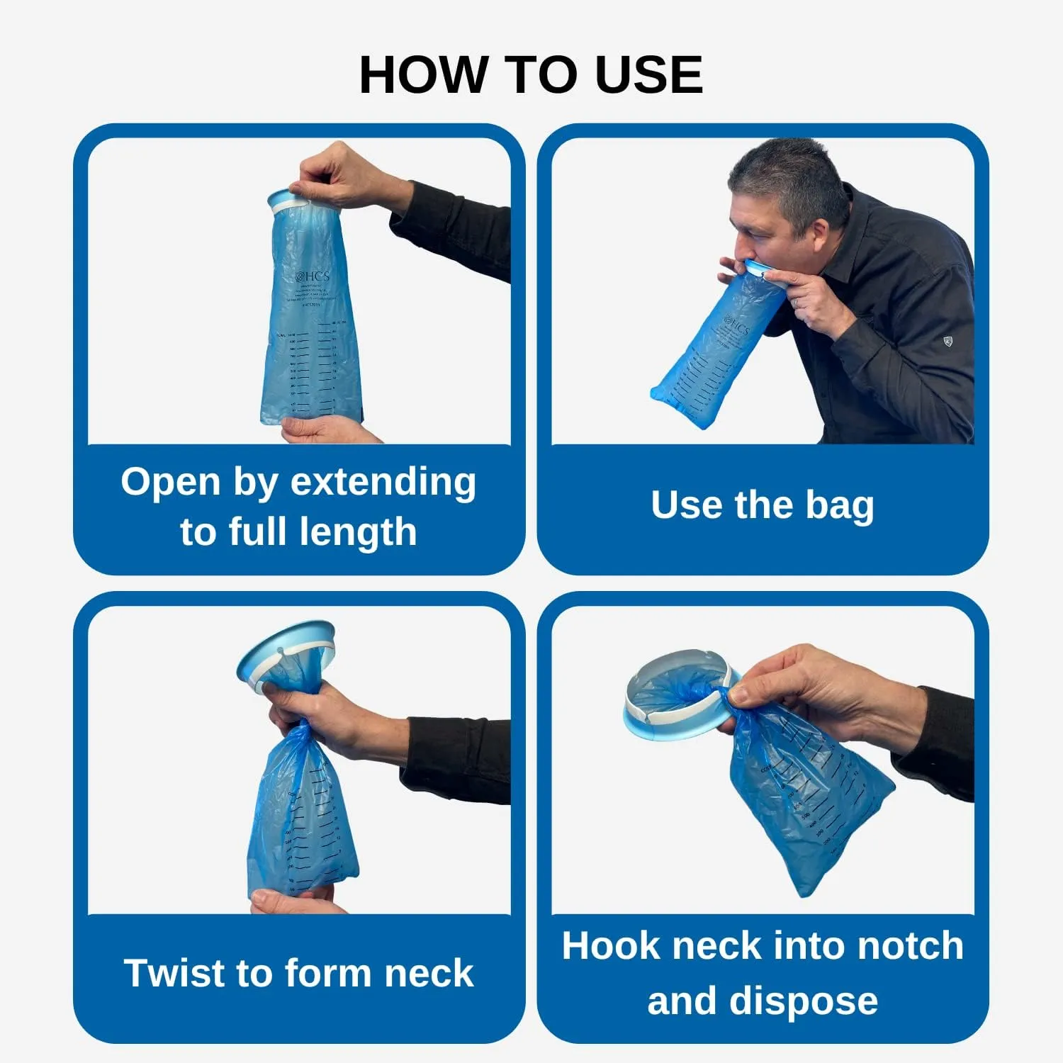 HCS Emesis Bags Disposable - Premium, Hospital Grade, Adults & Kids - Vomit Bags Disposable for Car, Travel, Home Use - Throw Up, Barf, Puke - 24, Strong (40 fl oz)