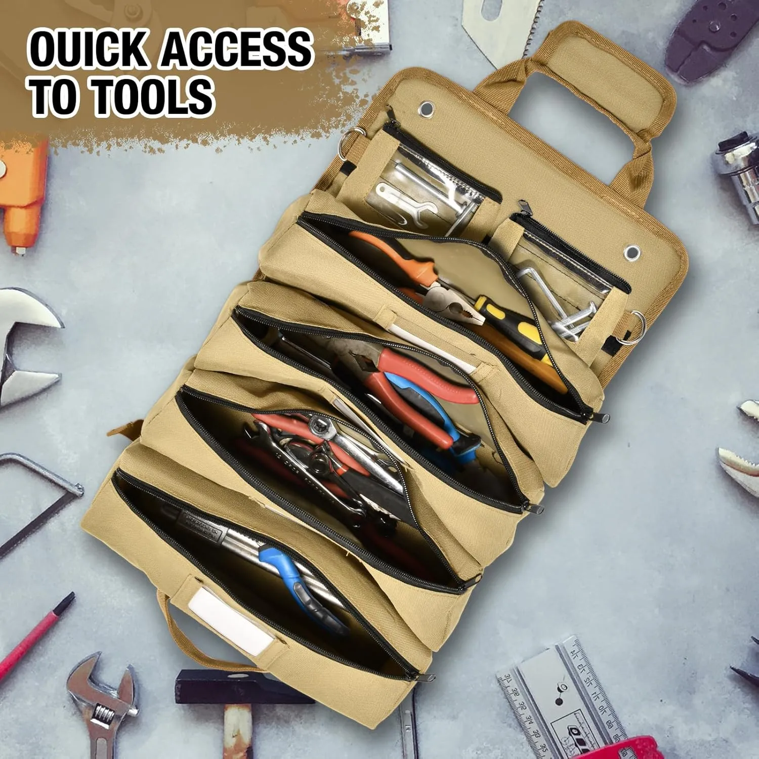 Heavy Duty Roll Up Tool Bag with Detachable Pouches, Waterproof Canvas, Tool Organizer for Mechanics, Electricians, Plumbers, and Carpenters - Perfect Small Gift for Dad (Khaki)