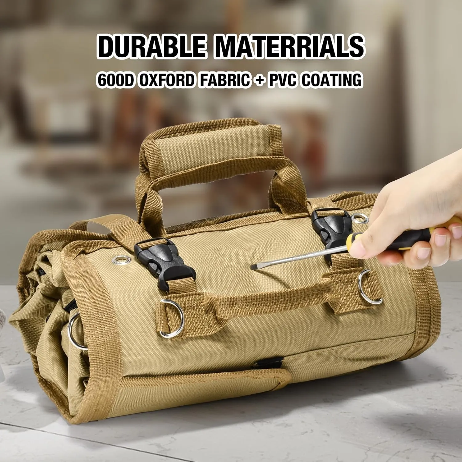 Heavy Duty Roll Up Tool Bag with Detachable Pouches, Waterproof Canvas, Tool Organizer for Mechanics, Electricians, Plumbers, and Carpenters - Perfect Small Gift for Dad (Khaki)