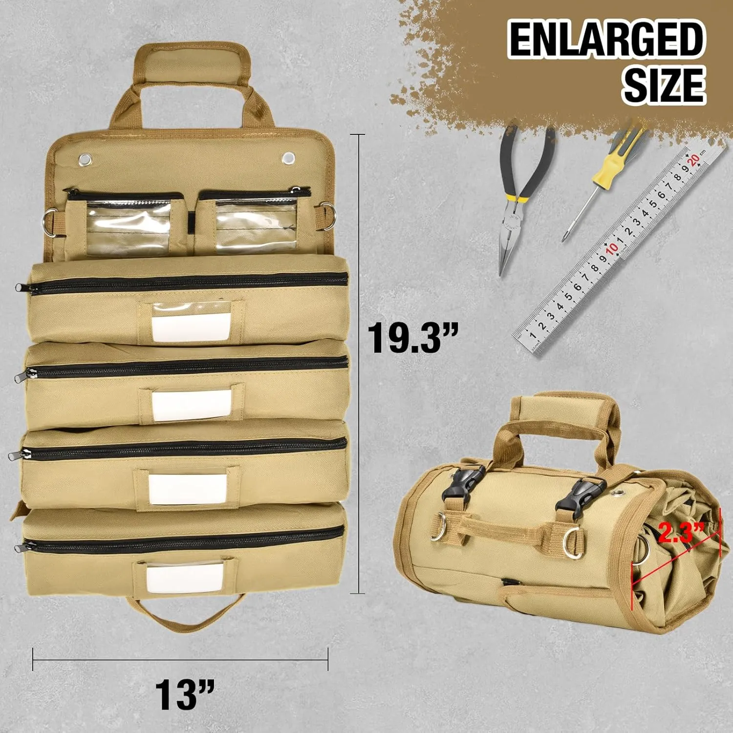 Heavy Duty Roll Up Tool Bag with Detachable Pouches, Waterproof Canvas, Tool Organizer for Mechanics, Electricians, Plumbers, and Carpenters - Perfect Small Gift for Dad (Khaki)