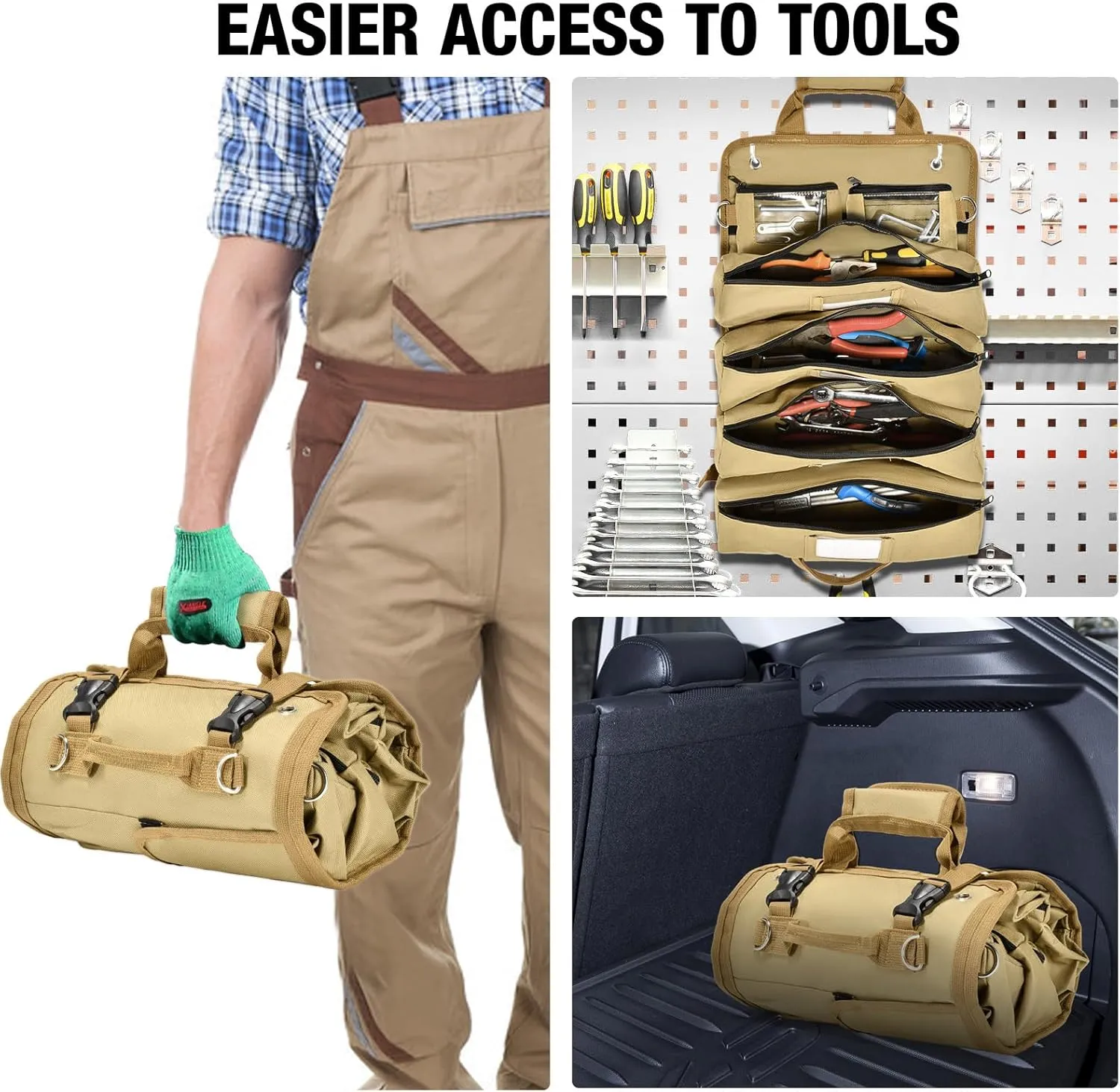 Heavy Duty Roll Up Tool Bag with Detachable Pouches, Waterproof Canvas, Tool Organizer for Mechanics, Electricians, Plumbers, and Carpenters - Perfect Small Gift for Dad (Khaki)