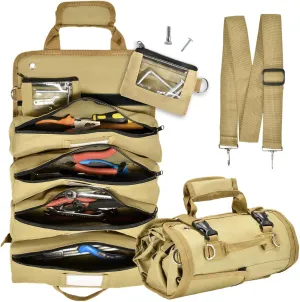 Heavy Duty Roll Up Tool Bag with Detachable Pouches, Waterproof Canvas, Tool Organizer for Mechanics, Electricians, Plumbers, and Carpenters - Perfect Small Gift for Dad (Khaki)