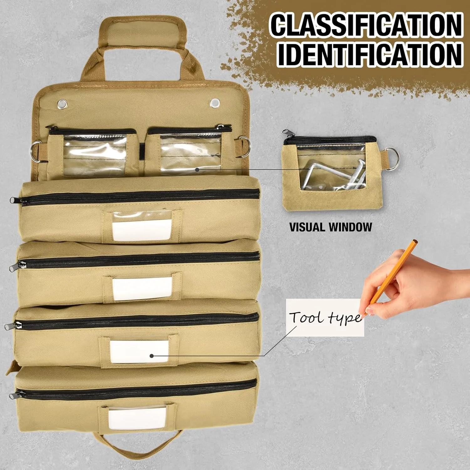 Heavy Duty Roll Up Tool Bag with Detachable Pouches, Waterproof Canvas, Tool Organizer for Mechanics, Electricians, Plumbers, and Carpenters - Perfect Small Gift for Dad (Khaki)