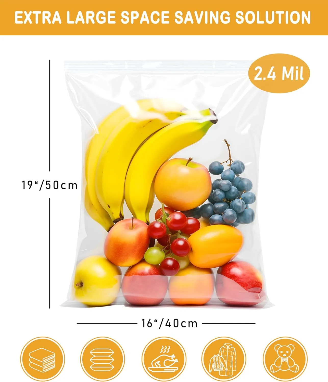 Heavy Duty Storage Bags with Zipper Top, Extra Large 3 Gallon 16" x 18" Plastic Bag, Jumbo Freezer Bags for Food, Clothes, Travel, Moving, 2.4-mil Thick, Pack of 25