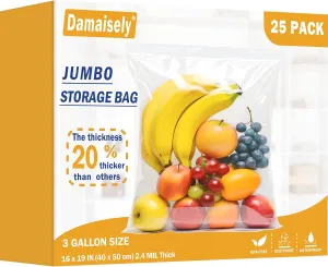Heavy Duty Storage Bags with Zipper Top, Extra Large 3 Gallon 16" x 18" Plastic Bag, Jumbo Freezer Bags for Food, Clothes, Travel, Moving, 2.4-mil Thick, Pack of 25