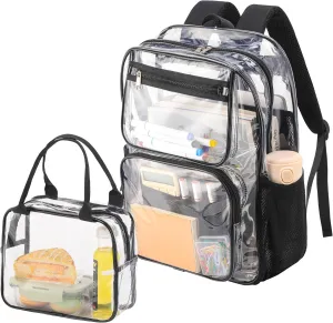 Heavy Duty Transparent School Bookbag with Plastic Lunch Box for Teens (clear backpack and clear tote lunch bag set,black)