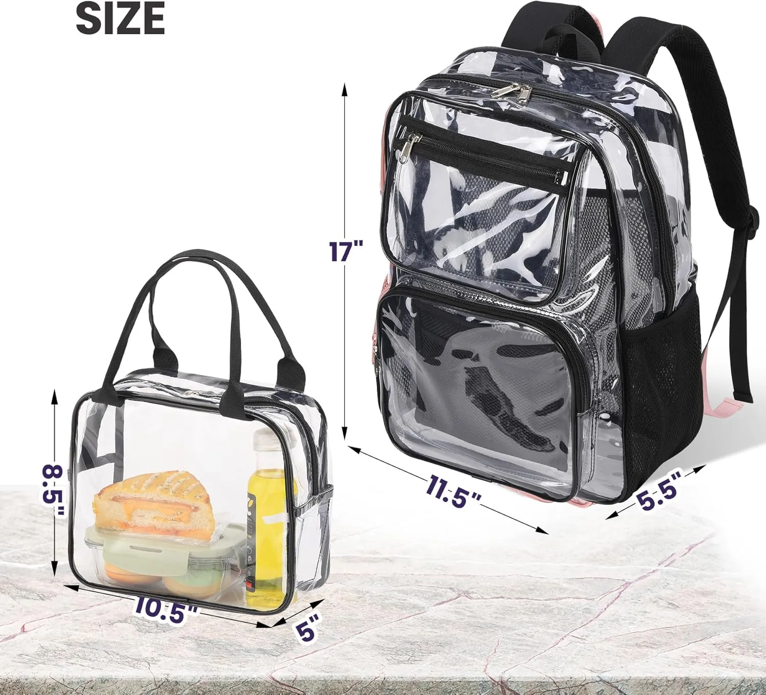 Heavy Duty Transparent School Bookbag with Plastic Lunch Box for Teens (clear backpack and clear tote lunch bag set,black)