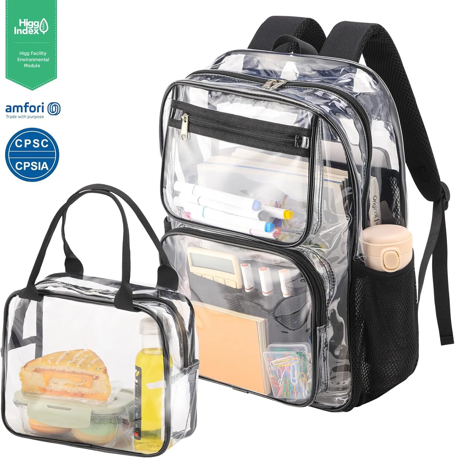 Heavy Duty Transparent School Bookbag with Plastic Lunch Box for Teens (clear backpack and clear tote lunch bag set,black)