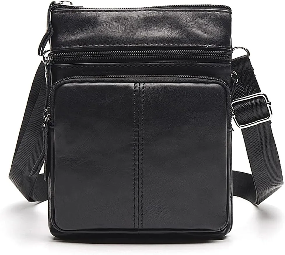 Hebetag Leather Messenger Bag Shoulder Pack for Men Travel Outdoor Business Camping Hiking Crossbody Pouch Pocket Casual Daypack Black