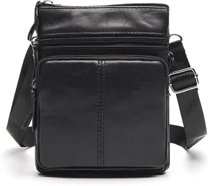 Hebetag Leather Messenger Bag Shoulder Pack for Men Travel Outdoor Business Camping Hiking Crossbody Pouch Pocket Casual Daypack Black