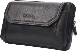Hebetag Small Leather Phone Belt Bag Holster Pouch for Men Loop Flip Horizontal Coin Purse Case Outdoor Travel Waist Pack Wallet Black