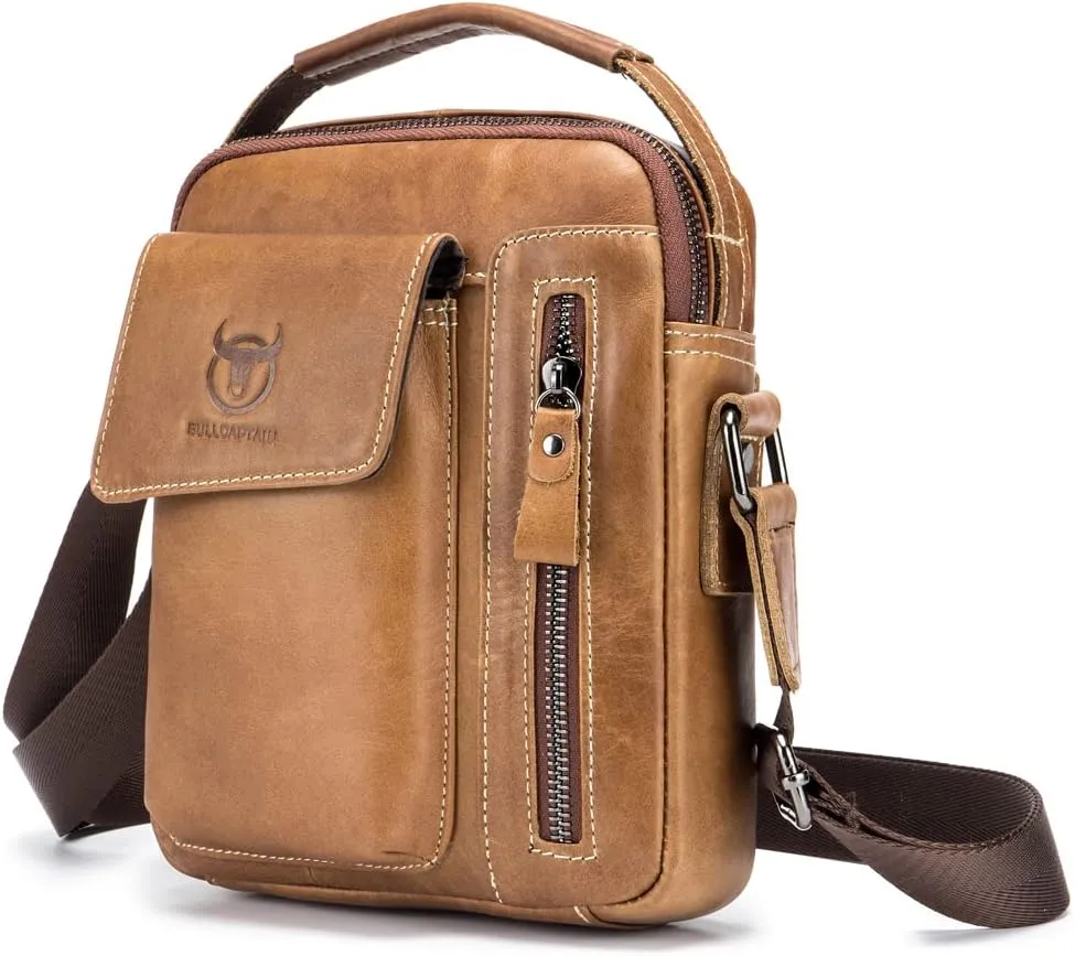 Hebetag Small Leather Shoulder Bag Crossbody Pack for Men Outdoor Travel Business