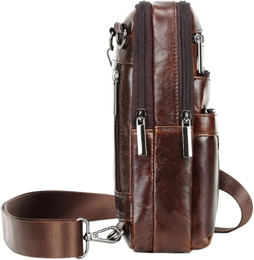 Hebetag Small Leather Sling Shoulder Bag Messenger Pack for Men Women Outdoor Travel Business