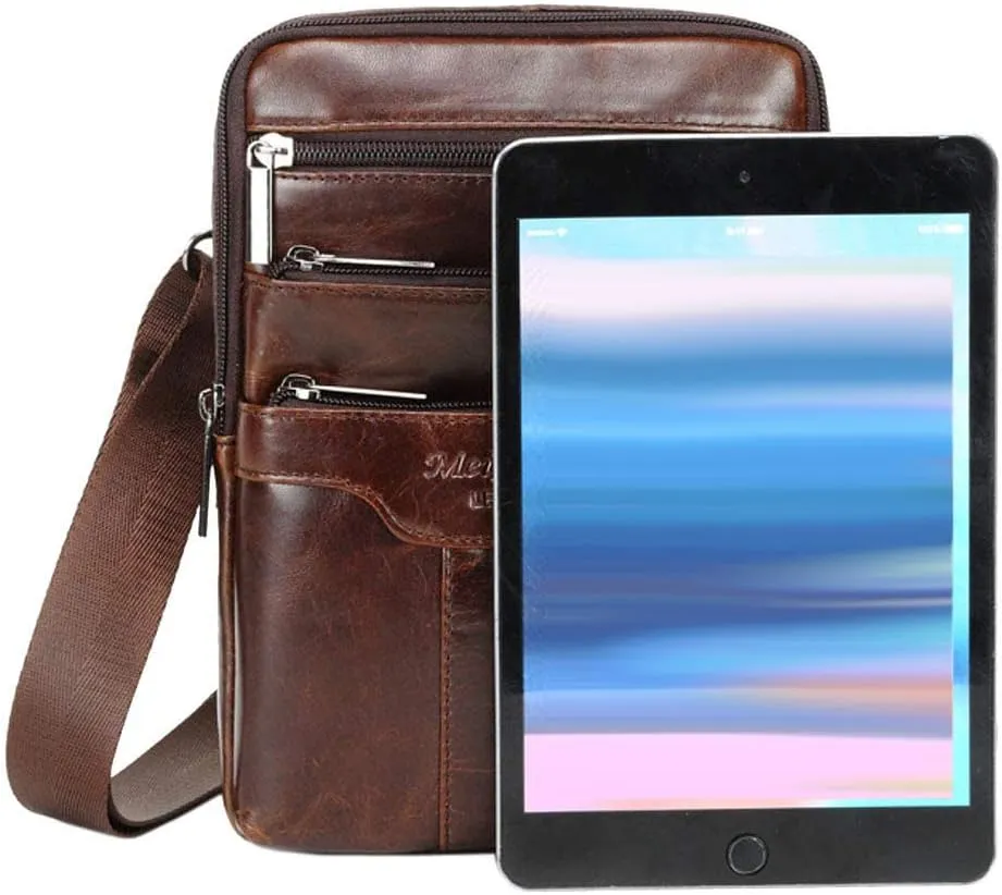 Hebetag Small Leather Sling Shoulder Bag Messenger Pack for Men Women Outdoor Travel Business