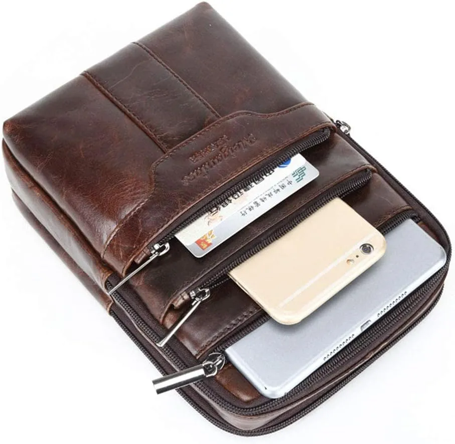 Hebetag Small Leather Sling Shoulder Bag Messenger Pack for Men Women Outdoor Travel Business