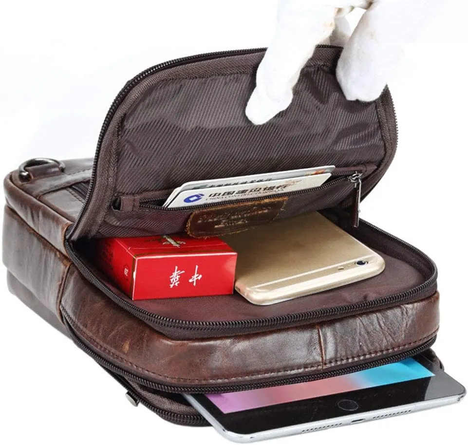 Hebetag Small Leather Sling Shoulder Bag Messenger Pack for Men Women Outdoor Travel Business