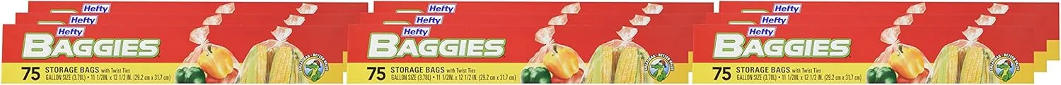 Hefty Baggies Food Storage Bags, Gallon Size, Twist Tie, 75 Count (Pack of 9), 675 Total