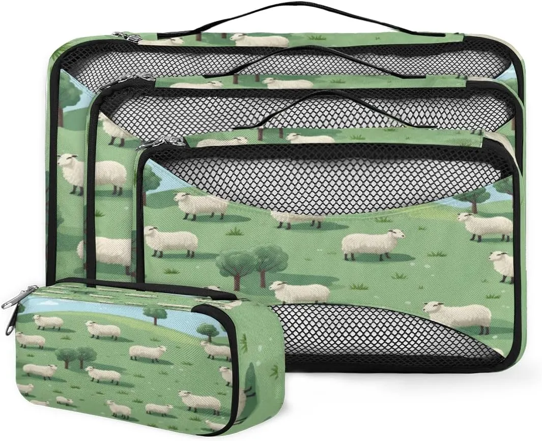 Herd Sheep 4 Pcs set of Packing Cubes for Suitcases, Packing Cubes for Travel Accessories Luggage Carry On Suitcase Organizer Bags, 4 Various Sizes Sheeps on Hillside Meadow