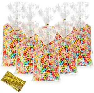 HESTYA 50 Clear Cellophane Treat Bags - Block Bottom Patterned Storage Bags with Twist Ties for Christmas Party Favor (White, Classic Style)