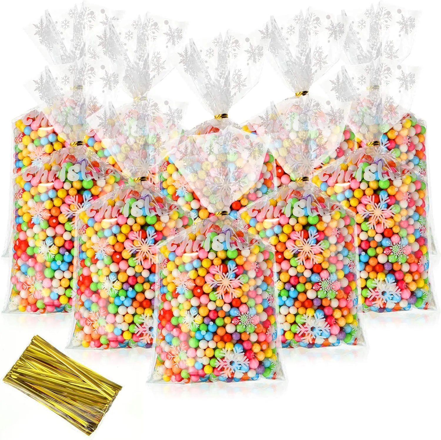 HESTYA 50 Clear Cellophane Treat Bags - Block Bottom Patterned Storage Bags with Twist Ties for Christmas Party Favor (White, Classic Style)